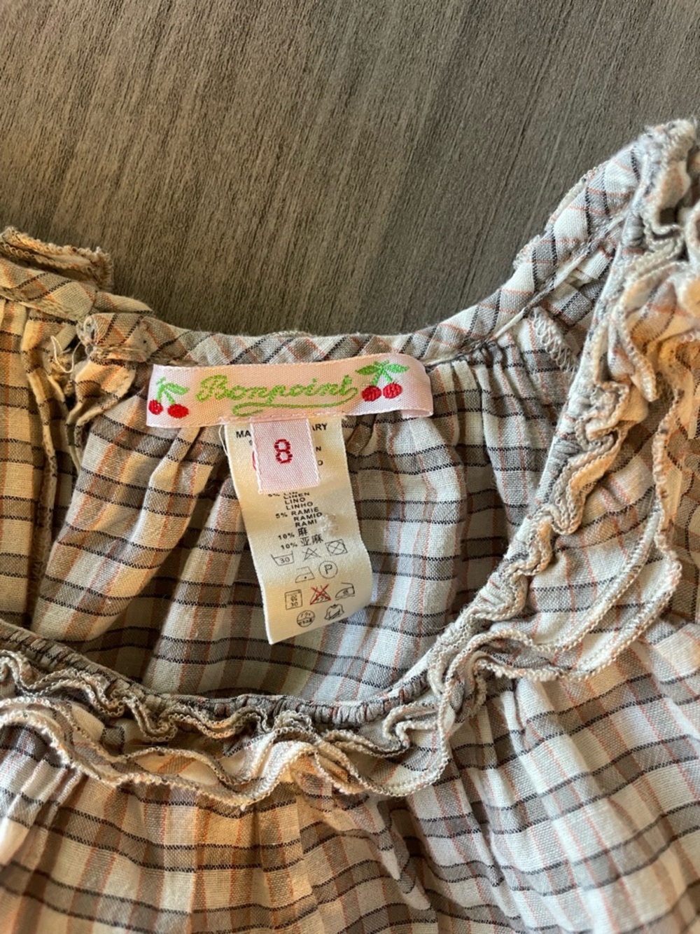 Bonpoint Plaid Dress Girls Size 8 Brown Check Linen Blend - Picture 3 of 5